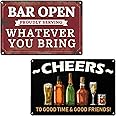 VSIIKO Bar Open and Cheers Funny Metal Tin Sign Home Bar Signs for Man Cave Coffee Small Vintage Wall Decor for Men 8x12 Inch（2pcs）