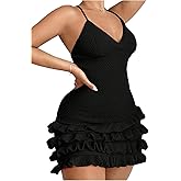 WDIRARA Women's Crochet Layered Ruffle Bodycon Mini Dress Criss Cross Sleeveless V Neck Cami Dresses