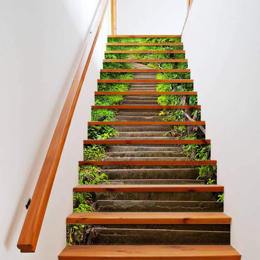 13Pcs Stair Riser Sticker Staircase Sticker Wall Mural Wallpaper for Home Decor Vinyl Self-Adhesive Renovation Stair Decals Steps Green Plant 39.3Inch x7.08Inch