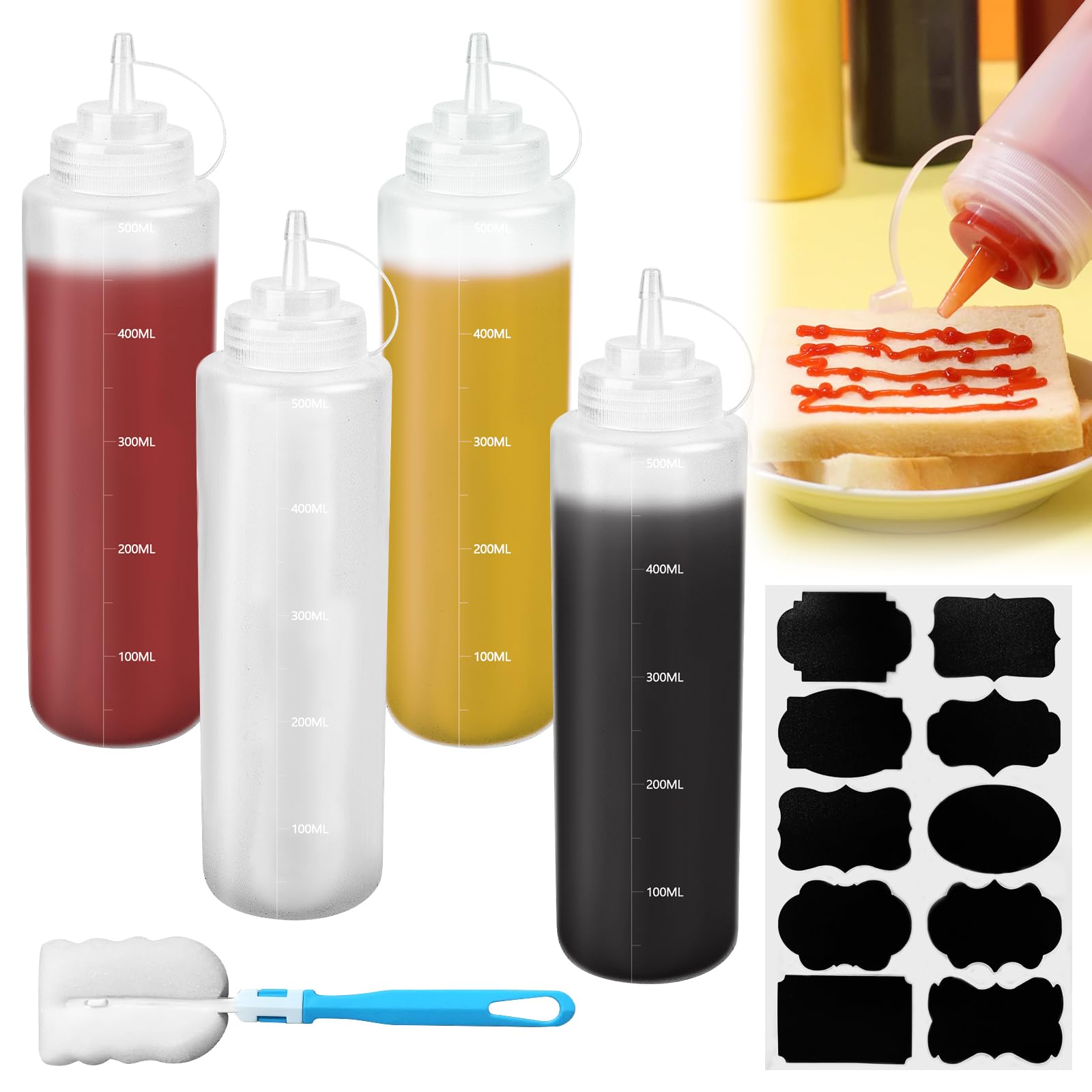 XCRPRT Sauce Squeeze Bottle 500ml with Cap, 4PCS Plastic Squeeze Bottle Dispenser, Squeezy Squirt Bottles with Cleaning Brush Sticker for Condiments, Seasoning, Ketchup, Mustard, Mayo, Olive Oil