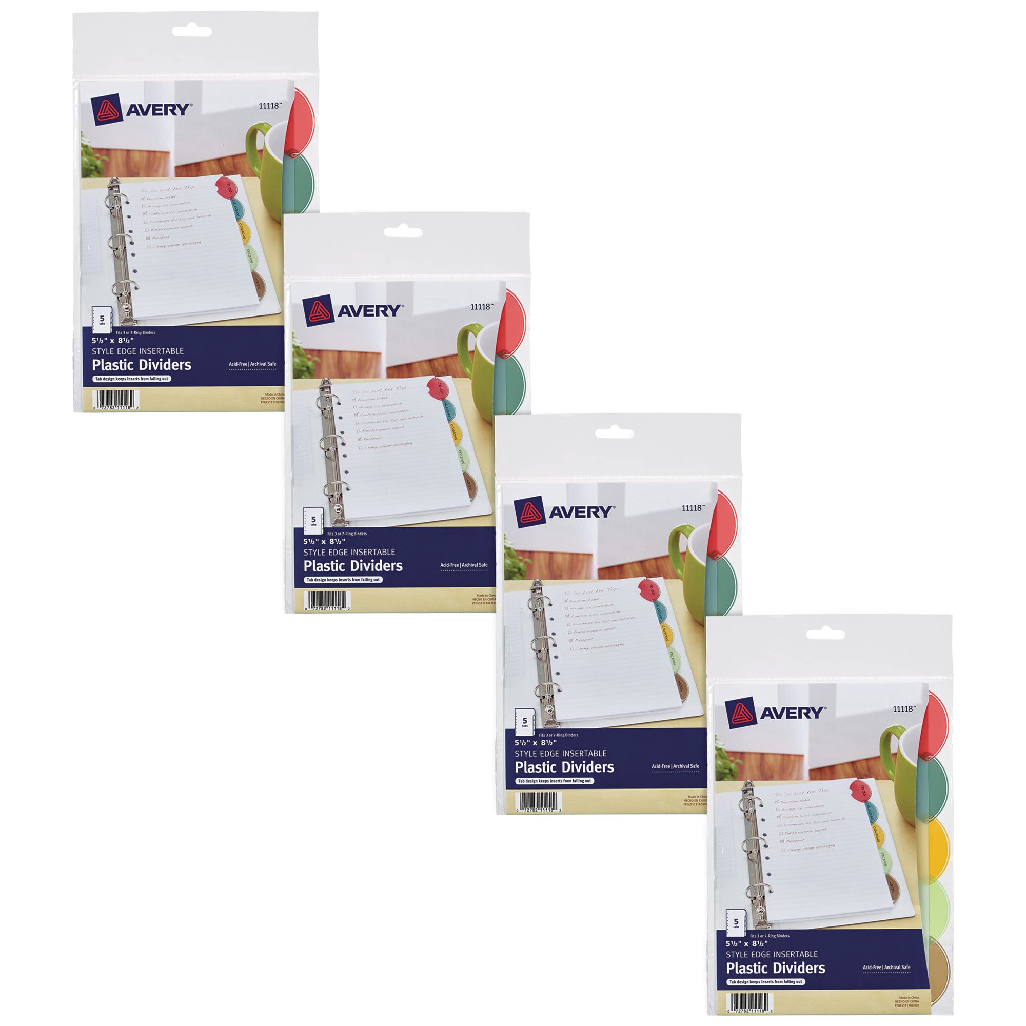 Avery Insertable Style Edge Plastic Mini Dividers for 3 Ring Binders, 5.5" x 8.5", 5-Tab Sets, Multicolor, 4 Binder Divider Sets (21118)