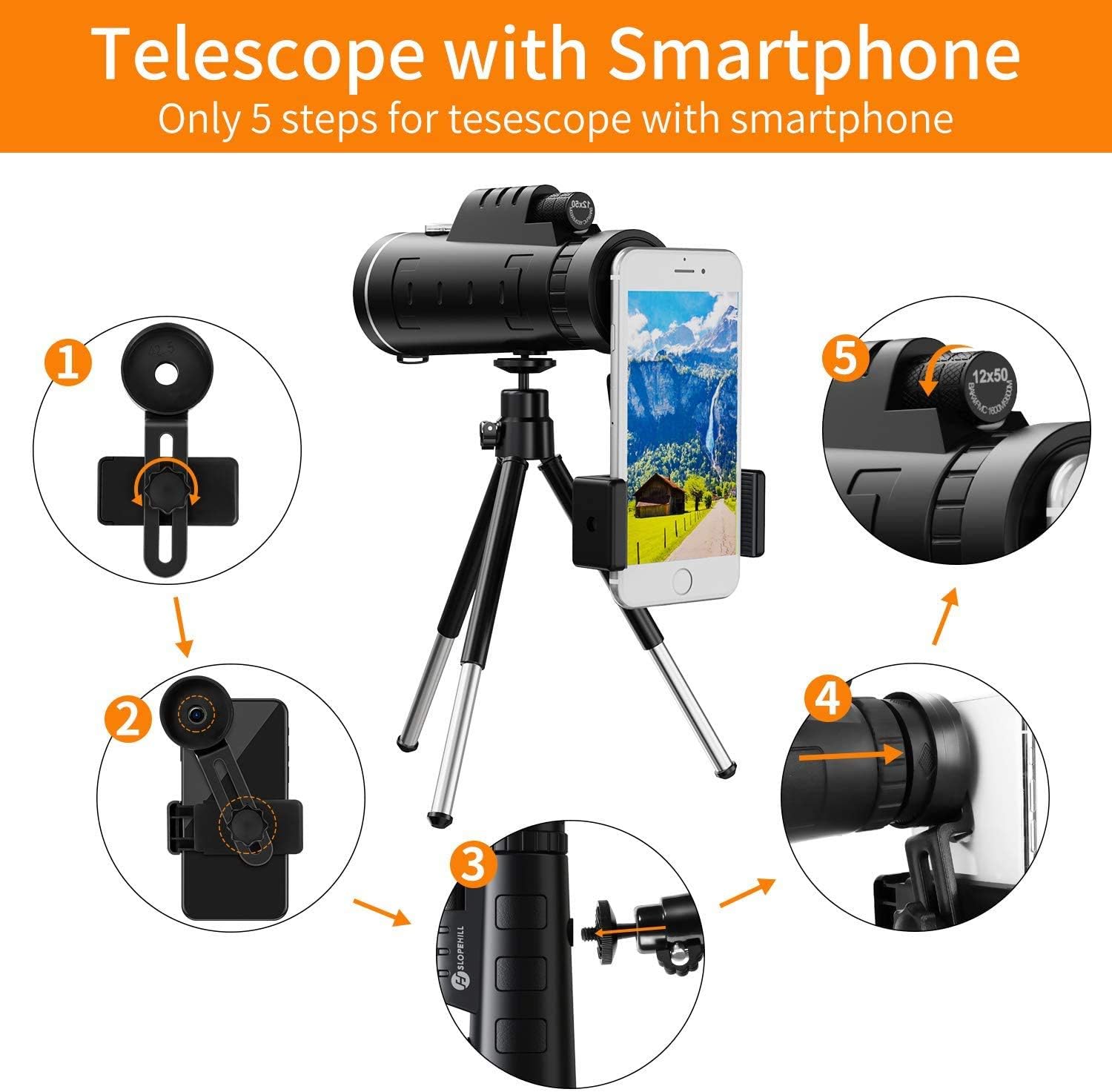 Monocular Telescope - 12X50 High Definition FMC BAK4 【HD Monocular for Bird Watching】 with Smartphone Holder & Tripod IPX7 Waterproof & Eco-Friendly Materials for Camping Travelling Hunting (Black) : Camera & Photo