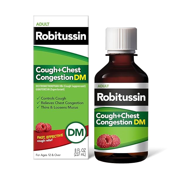 ROBITUSSIN COUGH AND CHEST CONGESTION DM, COUGH SUPPRESSANT AND EXPECTORANT, RASPBERRY FLAVOR – 8 FL OZ BOTTLE