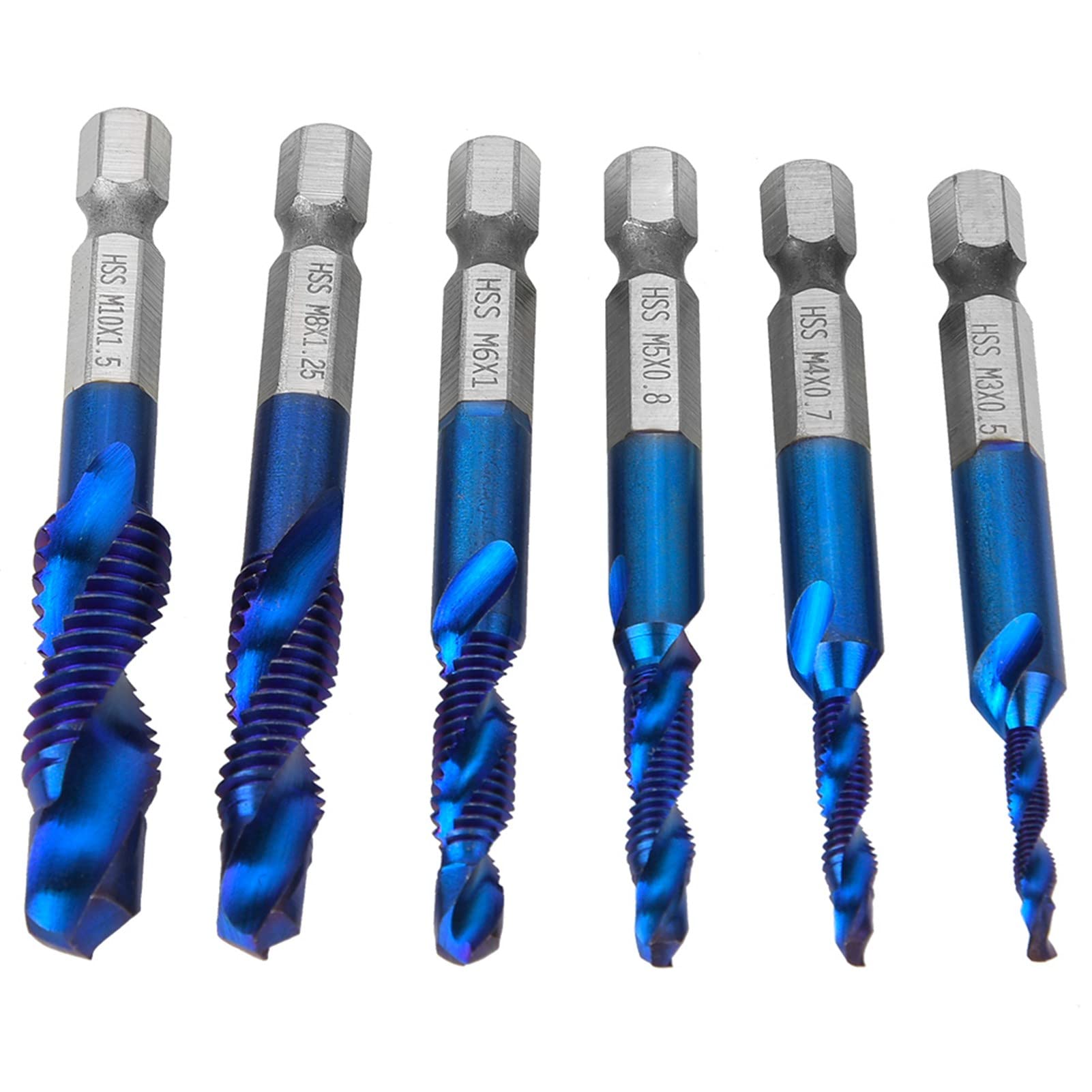 6PCS HSS Hex Shank Drill Bits Set 0.3" Shank Tap Point & Countersink Drill Bits for M3 M4 M5 M6 M8 M10 Tapping, Deburring and Precision Drilling (Blue Coated)
