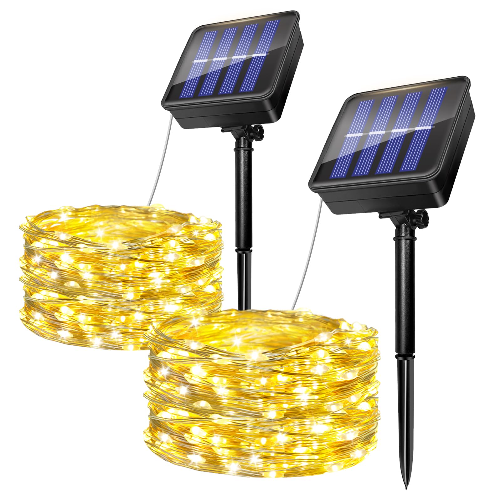 2 Pack Solar String Lights Outdoor, 5M/16.4Ft 50 LED Solar Powered Fairy Lights Waterproof, 8 Modes Copper Wire Decorative Lights for Garden, Patio, Yard, Party, Wedding, Christmas Tree (Warm White)