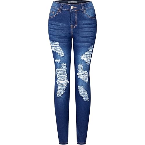 BodiLove Women's Stretchy 5 Pocket Skinny Distressed Denim Jeans