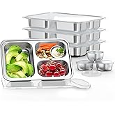 Bakpoco Stainless Steel Divided Plate for Kids Toddler, Non Toxic Portion Control Plate Dinner Plate with Lid for Adults Weight Loss, 4 Pack 3 Sections Rectangular Snack Plate Tray