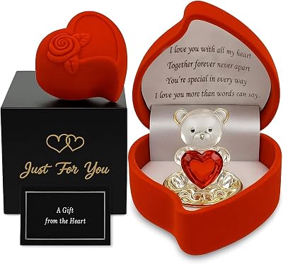SAFRI Glass Teddy Bear Gift Box with Ruby Rose Boxed Ornament