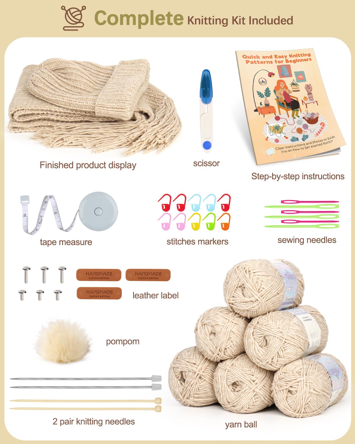 Katech Beginner Knitting Kit - Learn to Knit Kit for Adults & Kids - Complete Hat, Scarf, Gloves Starter Kit with Step-by-Step Instructions
