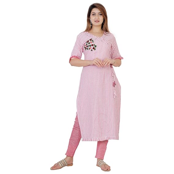 Womens Cotton Printed Kurta With Pant Set (Pink)