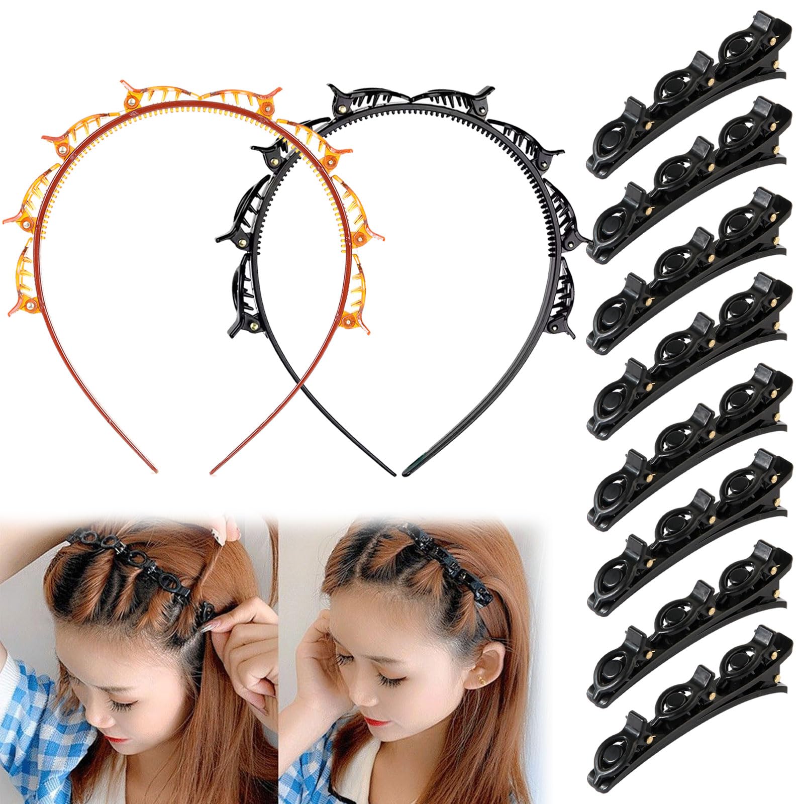 SSKHE 2 Pcs Headband with Clips,8 Pcs Double Bangs Hairpins,Multi Layer Woven Hair Styling Tools,Non slip Double Layer Twist Plait Headband for Women and Girls, Korean Braided Design