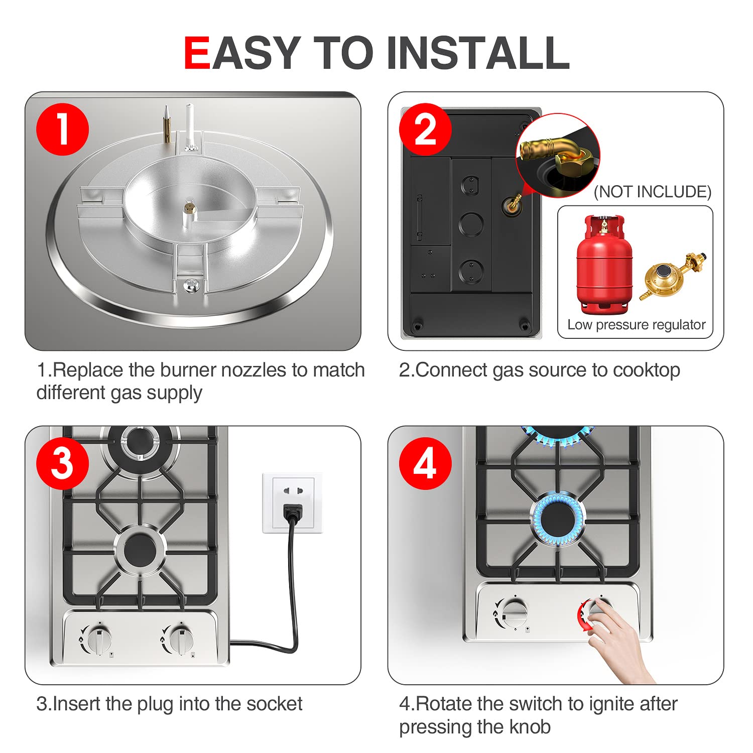 12 Inch 2-Burner Gas Stove: Portable Stainless Steel Propane Cooktop for RV, Apartments & Outdoor – Dual Fuel LPG/NG, Easy to Clean Built-in Gas Cooktop