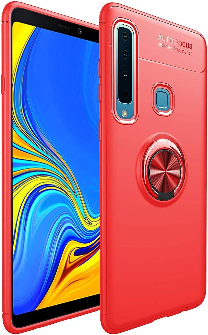 Lantier Ring Holder Rotational Clip Kickstand Soft Flexible TPU Durable Shockproof Cover Slim Protective Shell Fit Magnetic Car Mount Phone Case for Samsung Galaxy A9 2018 A920/A9 Star Pro/A9s Red