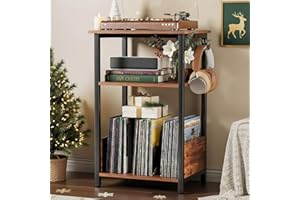 FURNPULSE 3-Tier Record Player Stand & Vinyl Storage Cabinet – Turntable Side/End Table with Album Rack | Modern Heavy-Duty Media Console Furniture for Living Room, Bedroom | Rustic Wood Finish