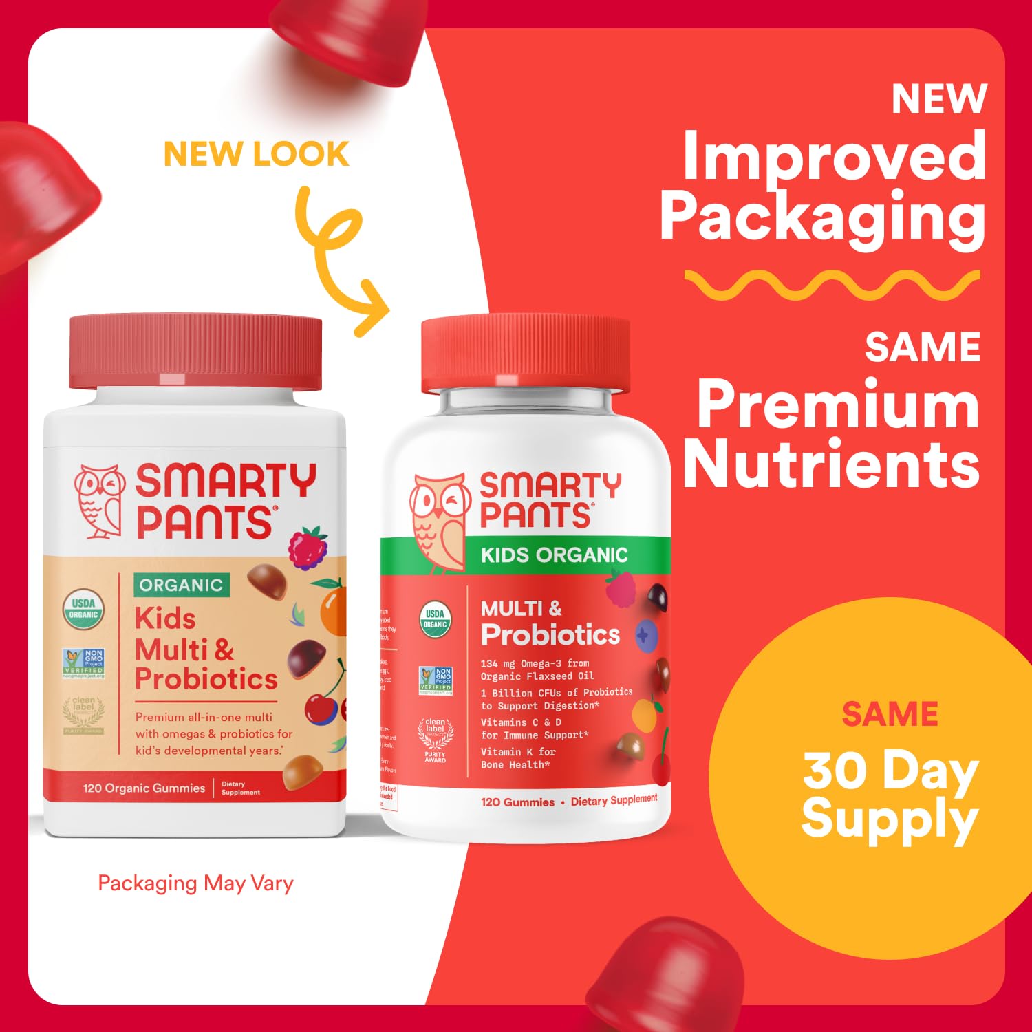 SmartyPants Organic Kids Multivitamin Gummies: Probiotics, Omega 3 (ALA), Vitamin D3, C, Vitamin B12, B6, A, K & Zinc for Immune Support, Biotin, Three Fruit Flavors, 120 Count (30 Day Supply)