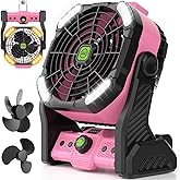 RUNTOP Camping Fan with LED Light, 20000mAh Rechargeable Battery Powered Outdoor Tent Fan with Hook,High Speed 270°Rotation Battery Operated Personal Travel USB Desk Fan Fishing, Worksite Beach, Pink