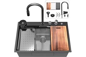 33 inch Waterfall Kitchen Sink Metal Black -Feibus 33x22x10 Drop In Sink with Faucet Combo Double Step Workstation 16 Gauge Multifunctional Stainless Steel Single Bowl