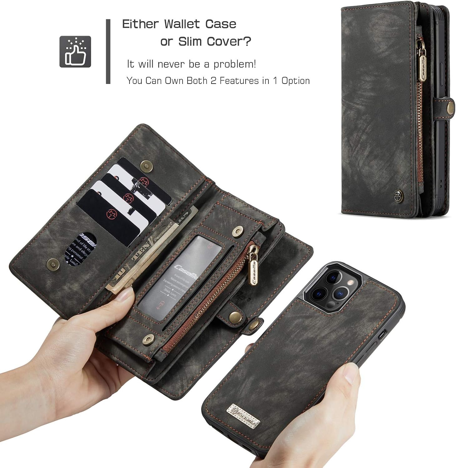 ANROD Detachable Leather Wallet Case for iPhone 12 Pro,CaseMe Magnetic Closure 2-in-1 Flip TPU Shockproof Zipper Purse Back Cover with Card Slots (Black) - Image 5