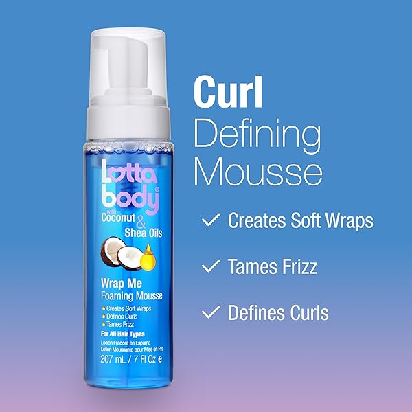 LOTTABODY WRAP ME FOAMING MOUSSE WITH COCONUT & SHEA OILS, LIGHTWEIGHT MOISTURE-RICH CURL-DEFINING & FRIZZ-CONTROL STYLING MOUSSE FOR NATURAL CURLY, COILY & RELAXED HAIR, 7 OZ