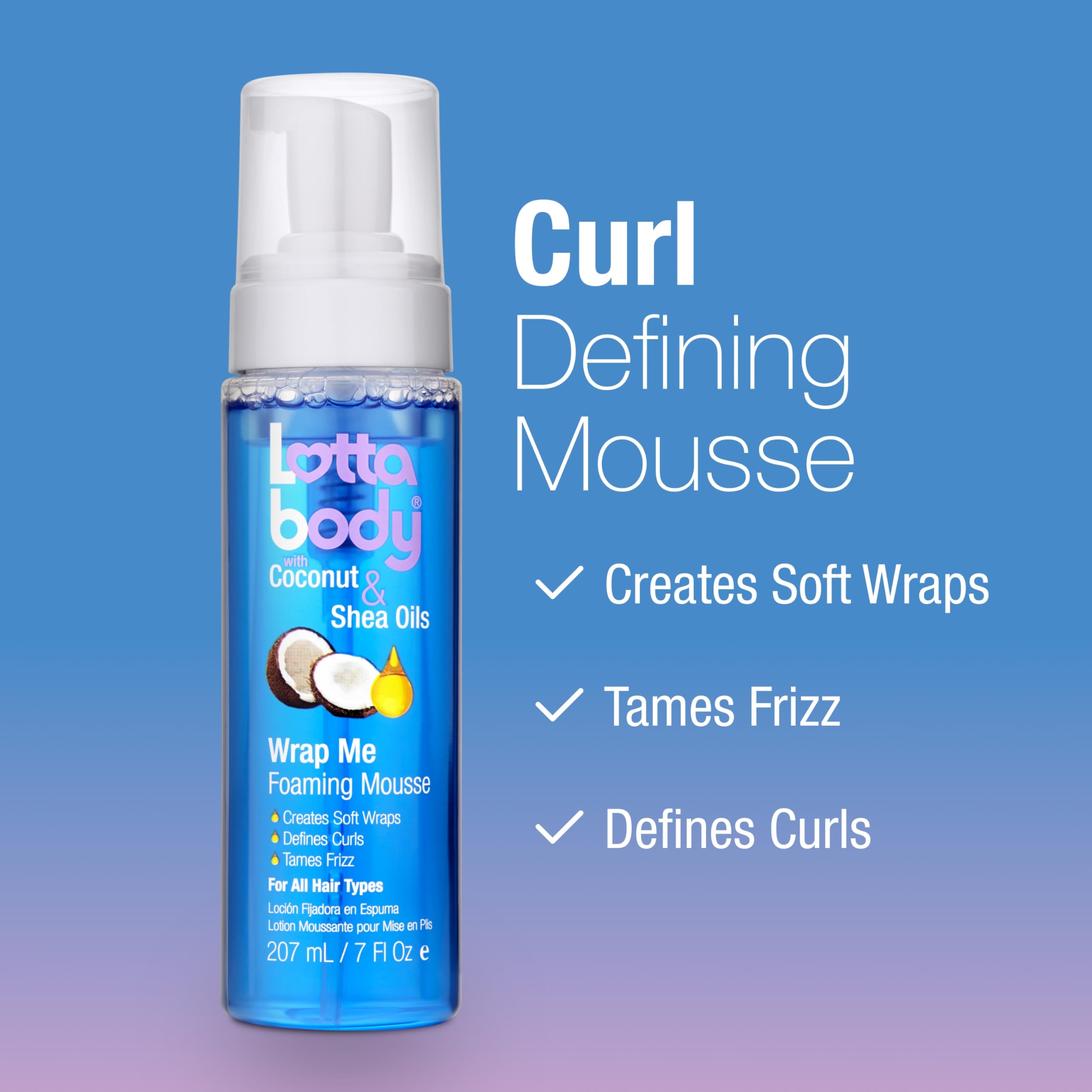 Lottabody Coconut Oil and Shea Wrap Me Foaming Curl Mousse , Creates Soft Wraps, Hair Mousse for Curly Hair, Defines Curls, Anti Frizz, 7 Fl Oz