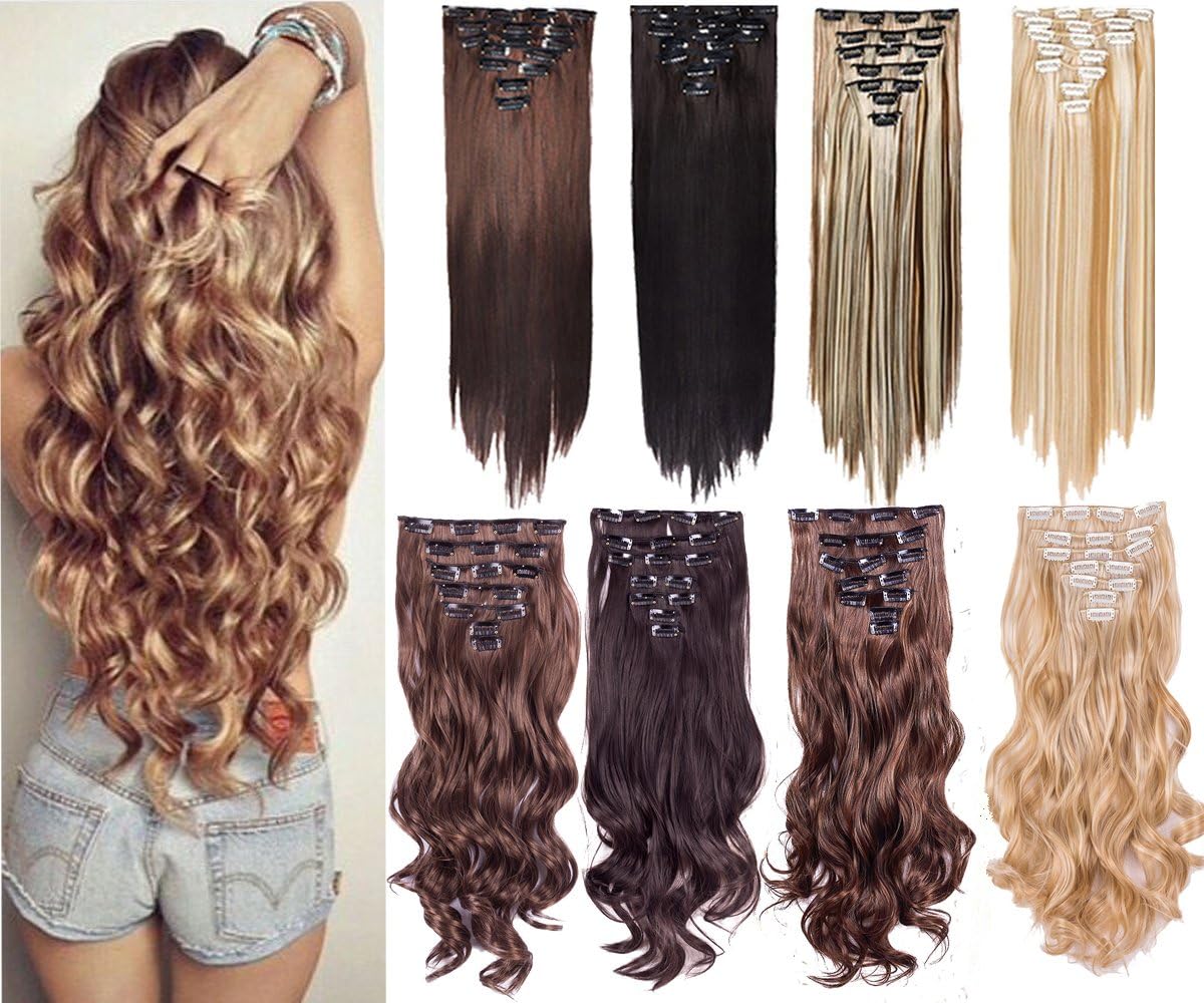 7Pcs 16 Clips 20-24 Inch Curly Straight Full Head Clip in on Hair Extensions Women Lady (24" Straight, Sandy Blonde Mix Bleach Blonde)