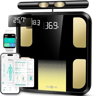 Körperfettwaage, Personenwaage digital mit 8 Elektroden für Körpergewicht und Körperfett, BMI, Muskelmasse und Analyse von 28 Körpermaße App-Nutzung, 3-Metrik-Anzeige, 180kg