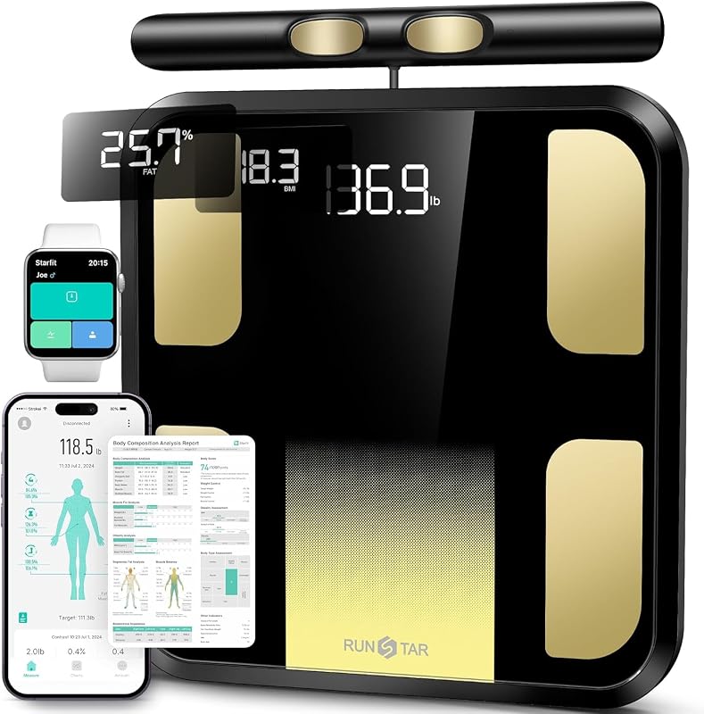 Körperfettwaage, Personenwaage digital mit 8 Elektroden für Körpergewicht und Körperfett, BMI, Muskelmasse und Analyse von 28 Körpermaße App-Nutzung, 3-Metrik-Anzeige, 180kg