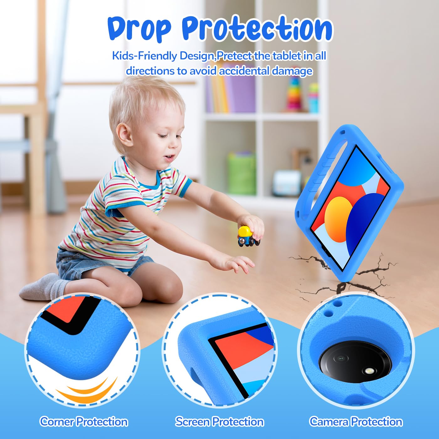 RollinCase Kinder Hülle für Xiaomi Redmi Pad SE 8.7 Zoll 2024, Eva Leicht Stoßfest Schutzhülle mit Kindergriff und Schultergurt, Blau 6