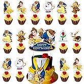 25Pcs Beauty & Beast Cake Decorations with 24pcs Cupcake Toppers 1pcs Cake Topper for Girls Birthday Party Supplies