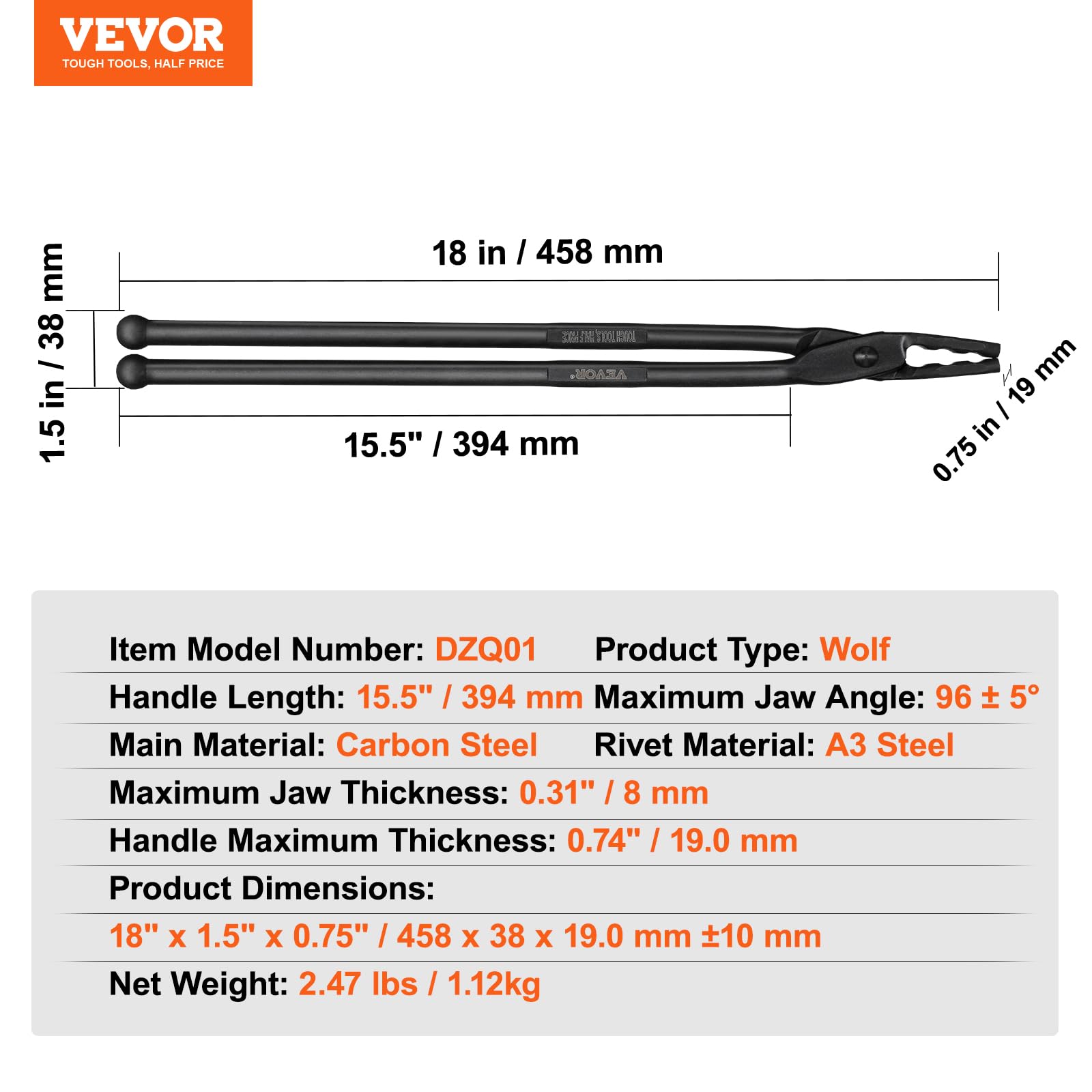 VEVOR Blacksmith Tongs, 18” Wolf Jaw Tongs, Carbon Steel Forge Tongs with A3 Steel Rivets, for Horseshoes, Curved Shapes, Block Forgings, for Beginner and Seasoned Blacksmiths and Bladesmiths
