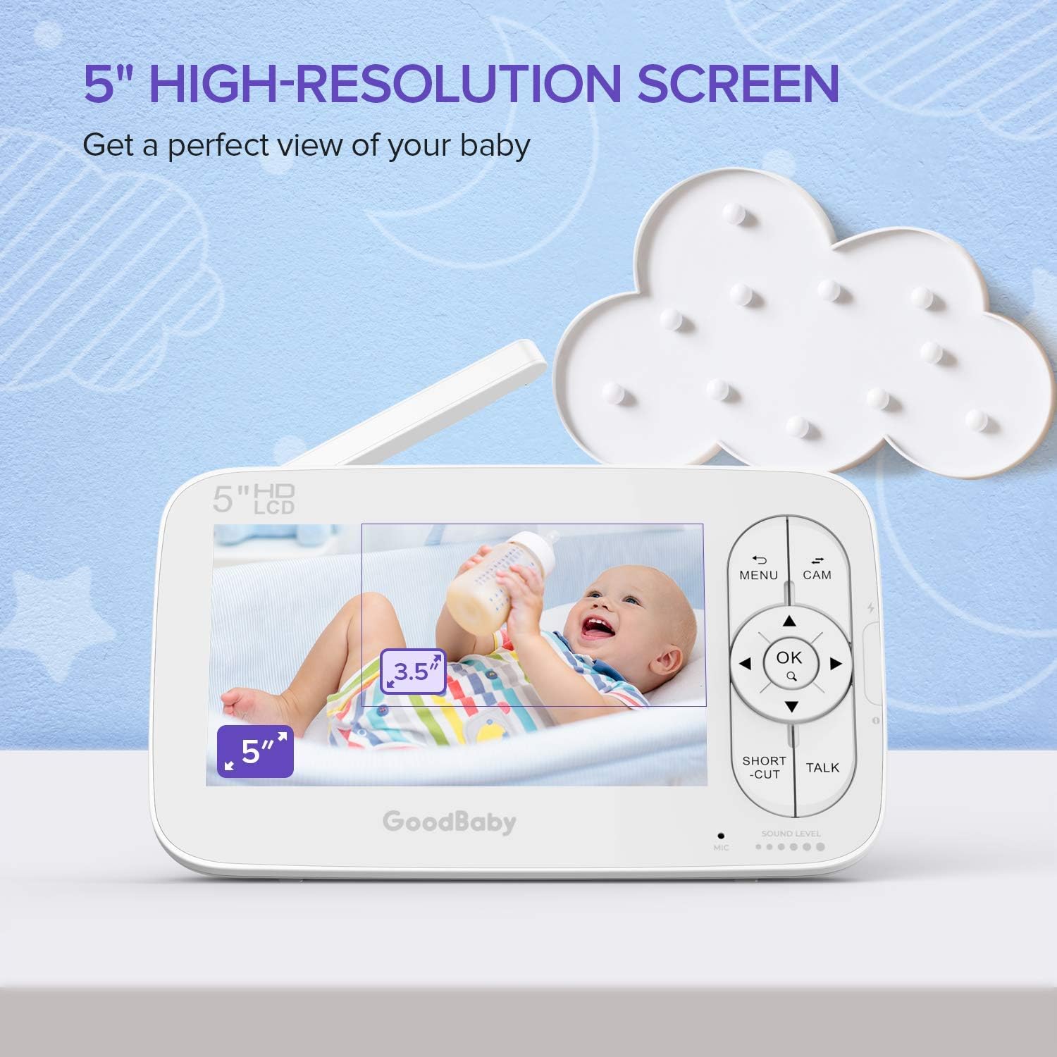 GOODBABY Real 720P 5" HD Display Video Baby Monitor with Camera and Audio, Remote Pan&Tilt&Zoom, Two-Way Talk,Temperature Monitor, Night Vision, Lullaby Player, 960ft Range: Camera & Photo