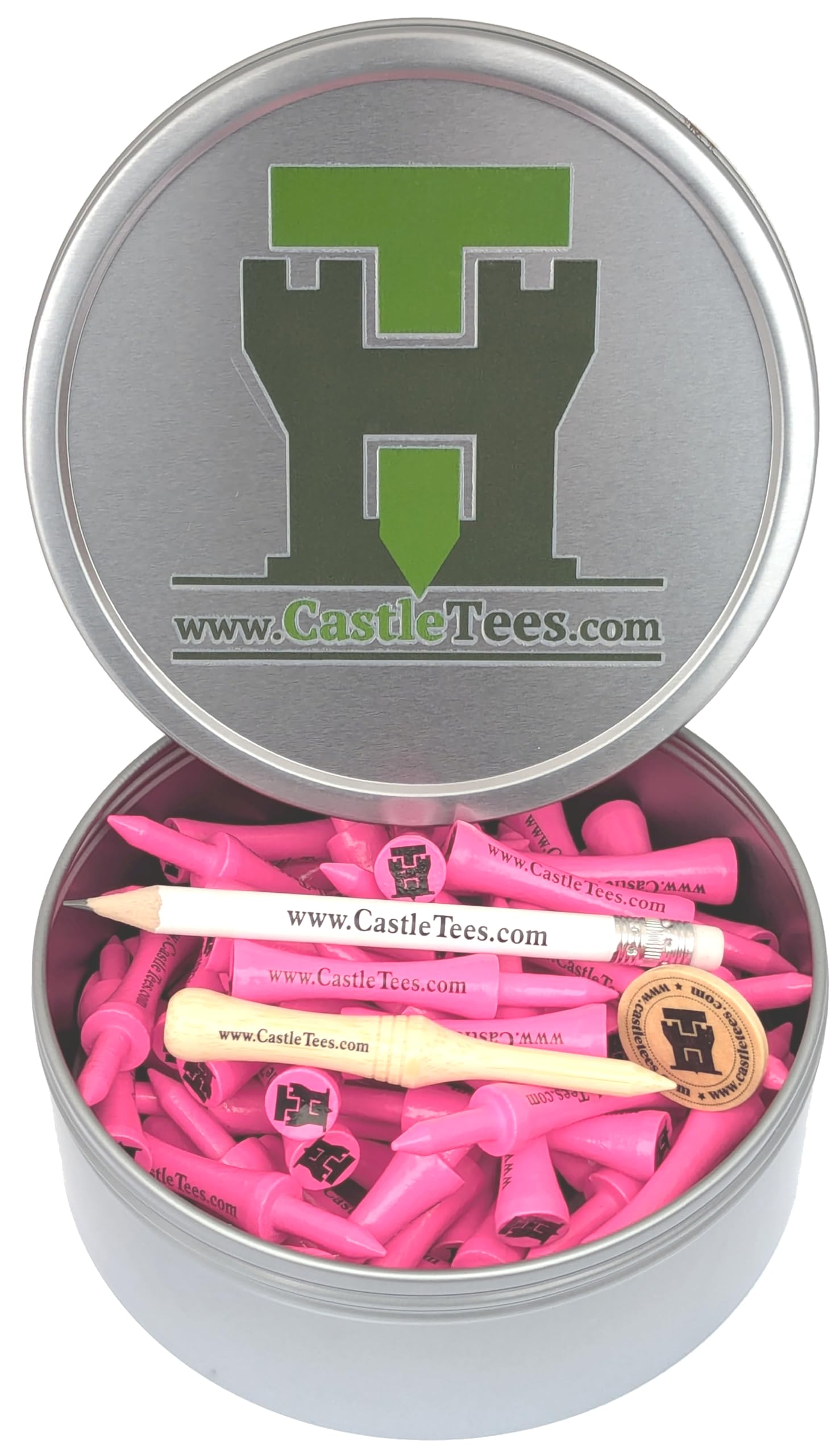 Castle Tees Pink 40 pcs x 60mm 2 1⁄3 inch Pink Premium Bamboo Golf Tees in a Tin with Pitch Repair Tool, Ball Marker & a Pencil. Twice the Strength of regular bamboo & very durable A Great Golf Gift.
