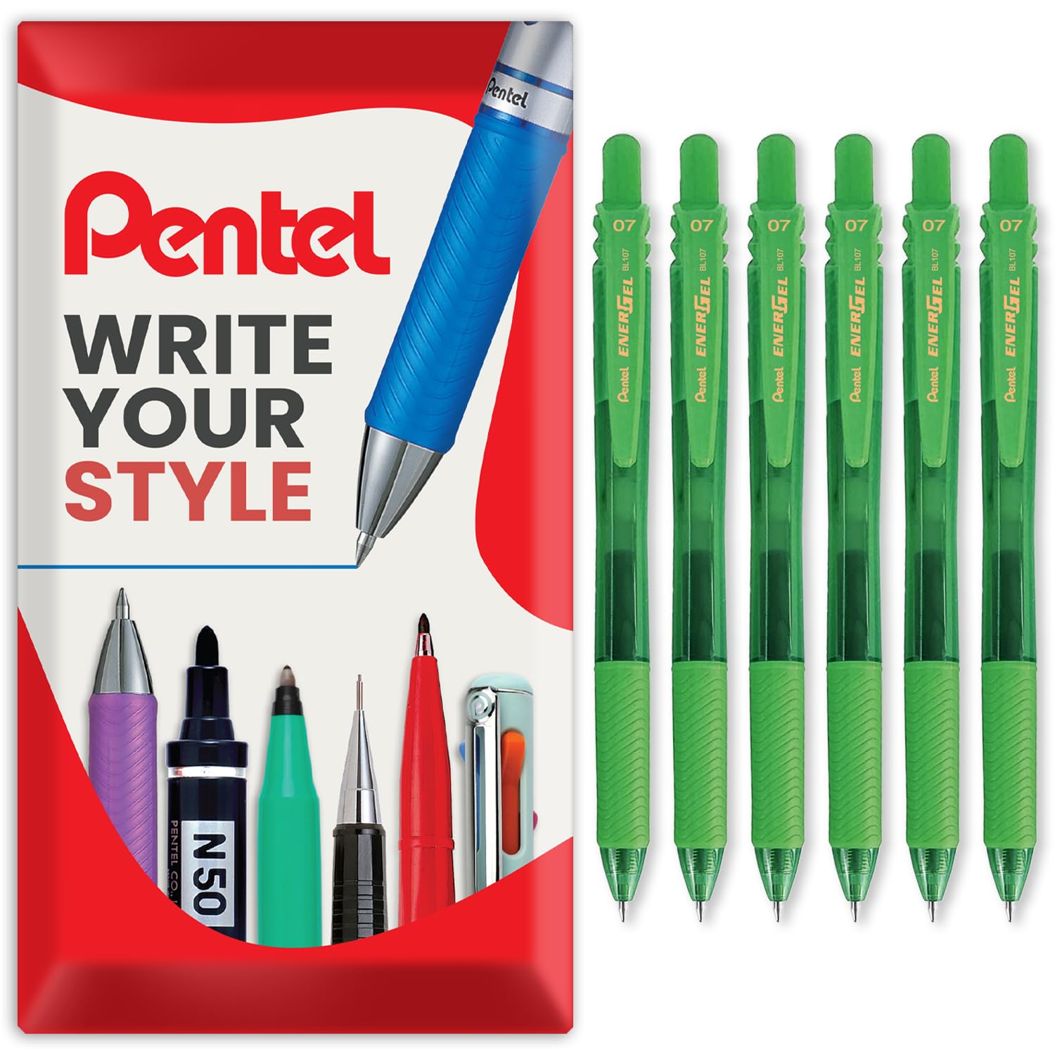 Pentel Energel X BL107 Retractable Gel Rollerball Pens - 0.7mm Nib - Pack of 6 in Envelope Gift Packaging (Green)