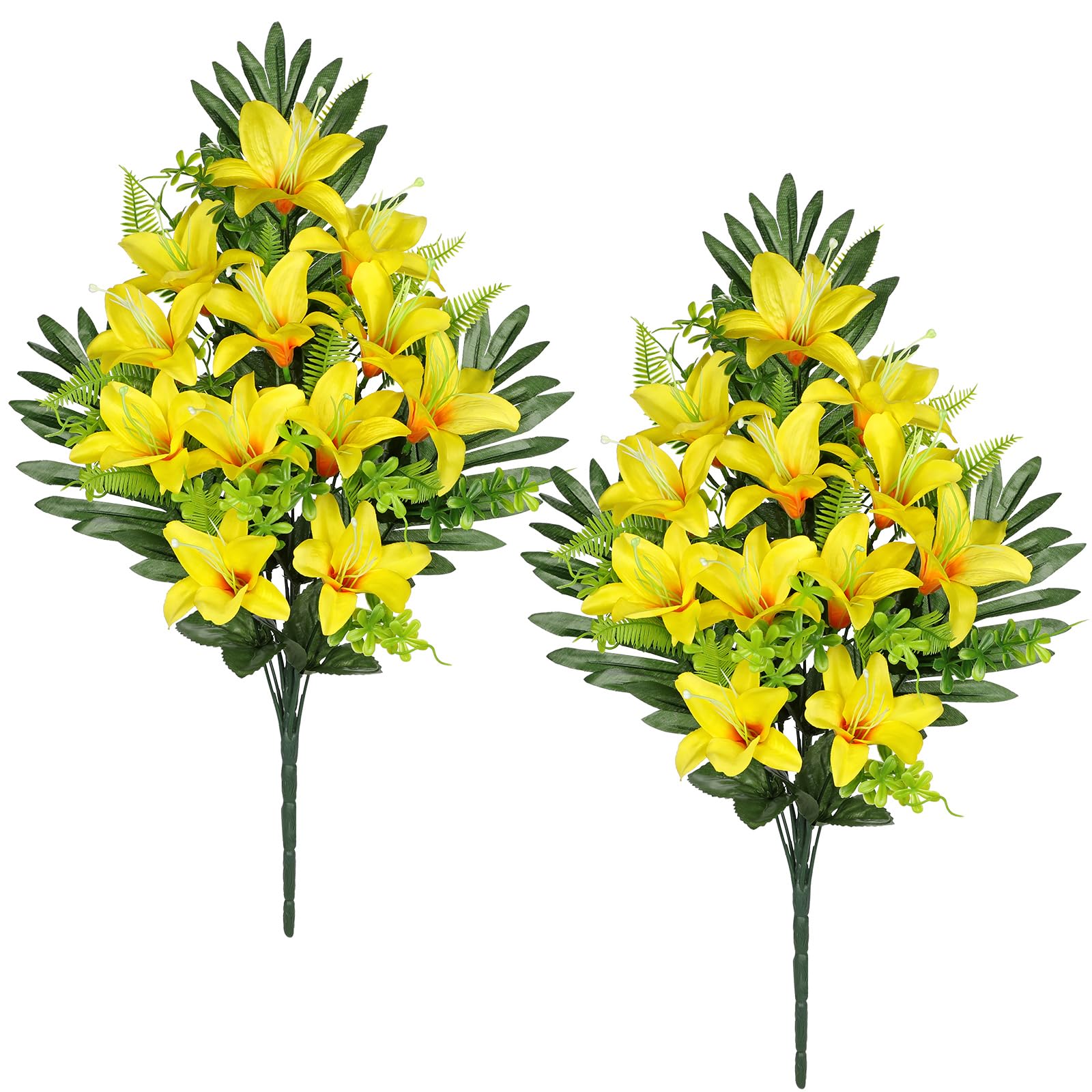 Photo 1 of Hollyone Artificial Cemetery Flowers for Grave, Set of 2 Silk Yellow Faux Lily Bouquet Flower Outdoor Graveyard Memorial Flowers for Cemetery Headstones Decoration