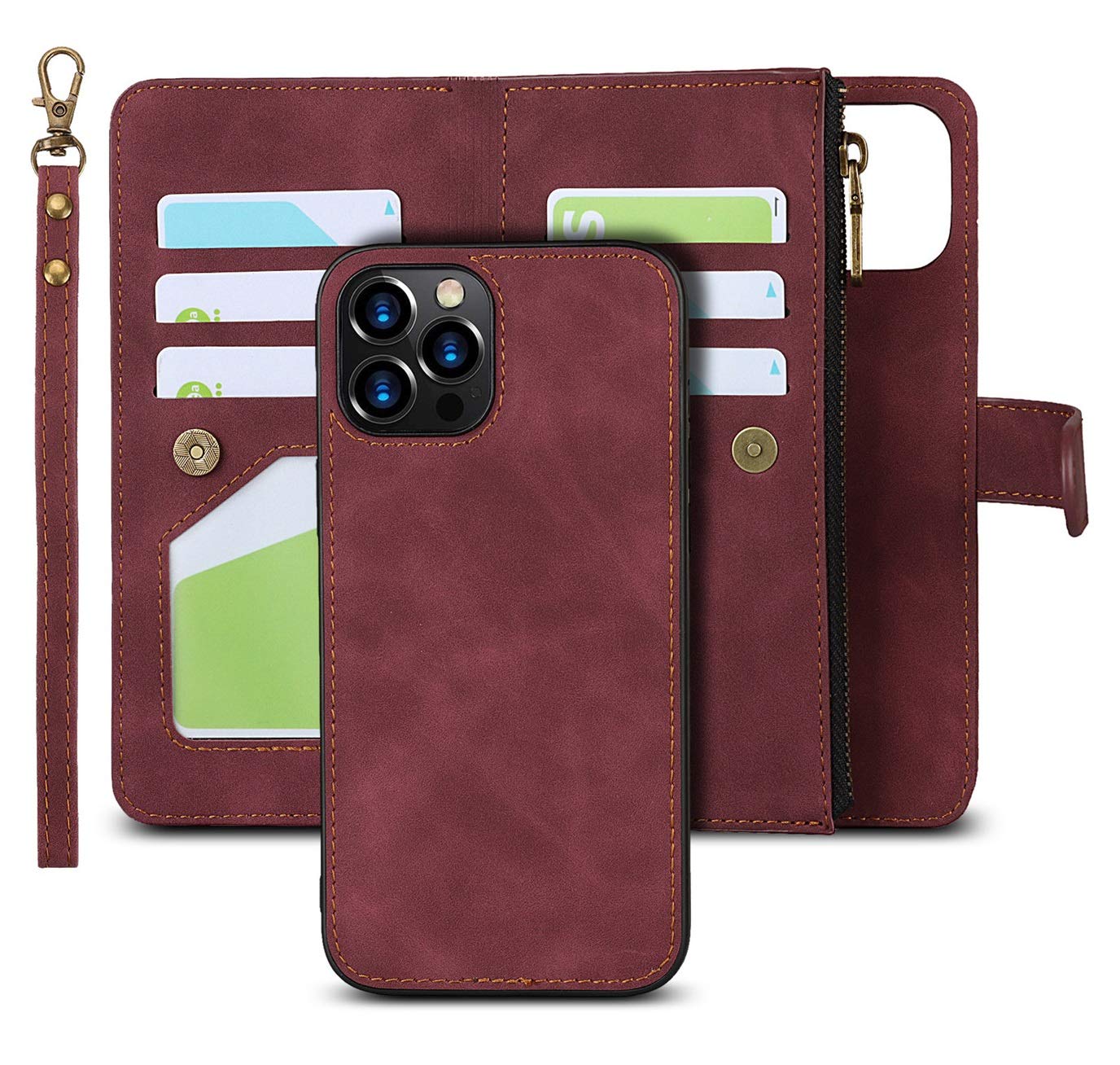 Photo 1 of iCoverCase for iPhone 12/12 Pro Wallet Case with Card Holder and Wrist Strap, PU Leather Kickstand Card Slots Zipper Pocket Magnetic [Detachable] Flip Cover Case 6.1 Inch (Claret)