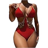 OYOANGLE Women's Ring Linked Cut Out One Piece Swimsuits Textured Tie Backless Halter Bathing Suit Monokini