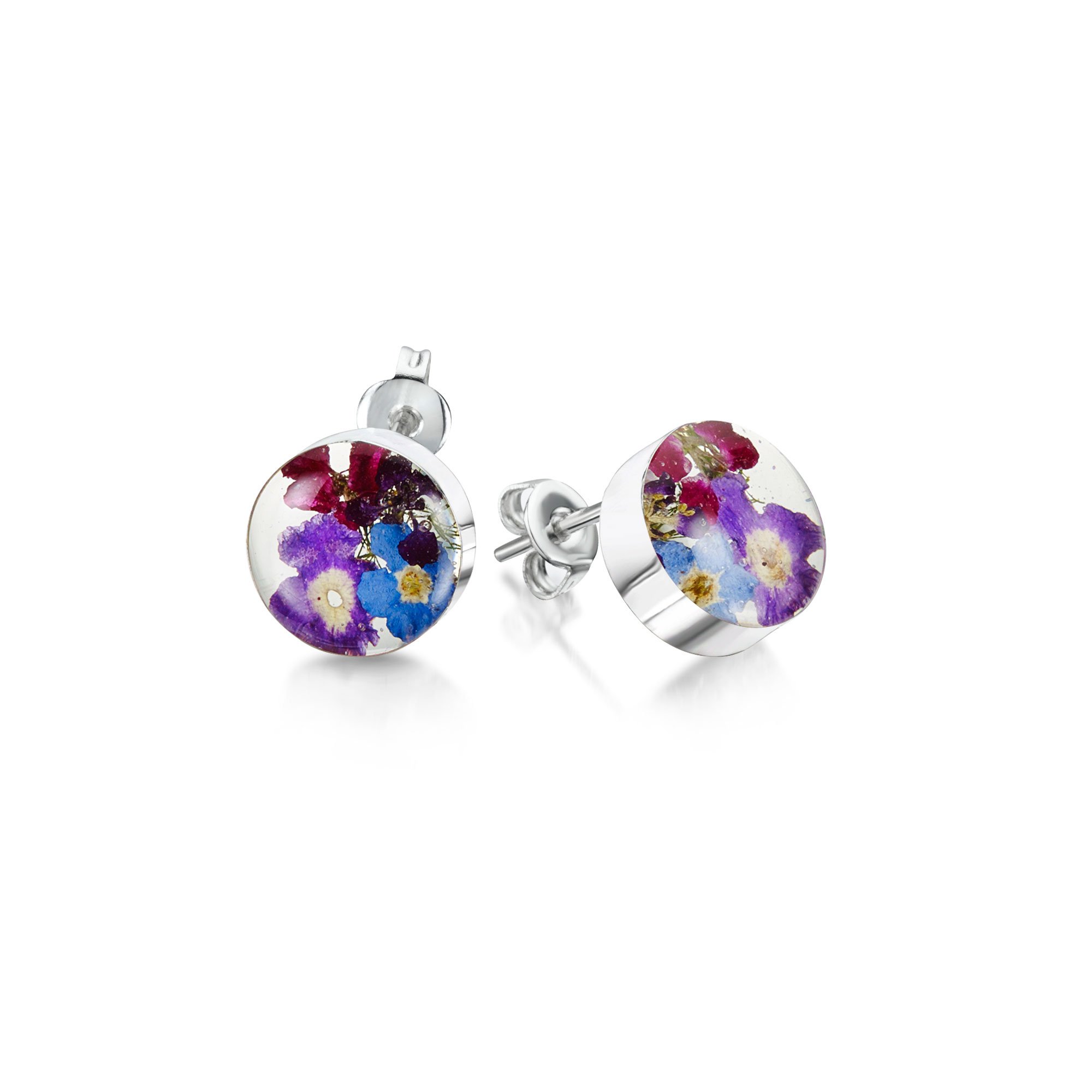 Shrieking Violet 925 Sterling Silver Round Real Flower Stud Earrings - Assorted Flowers (Purple Haze)