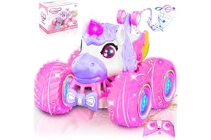 Remote Control Car for Girls, 360° Rotating Unicorn Monster Truck, 4WD RC Stunt Cars with Light and Music, 2.4 GHz, Rechargea