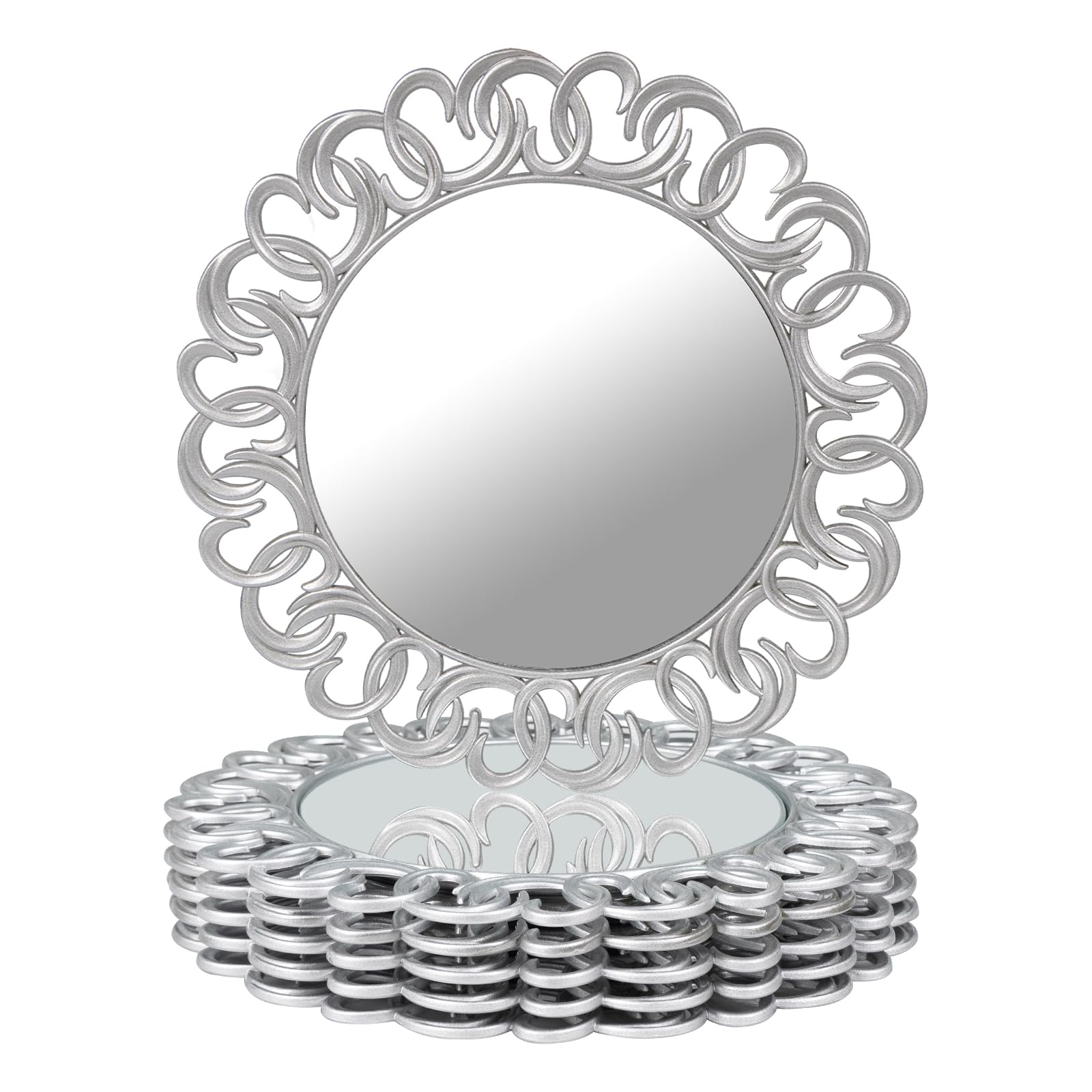 Photo 1 of MAONAME 13" Silver Charger Plates Set of 6, Mirror Chargers for Dinner Plates, Plastic Plate Chargers with Entwined Swirl Rim, Round Chargers for Table Setting, Wedding