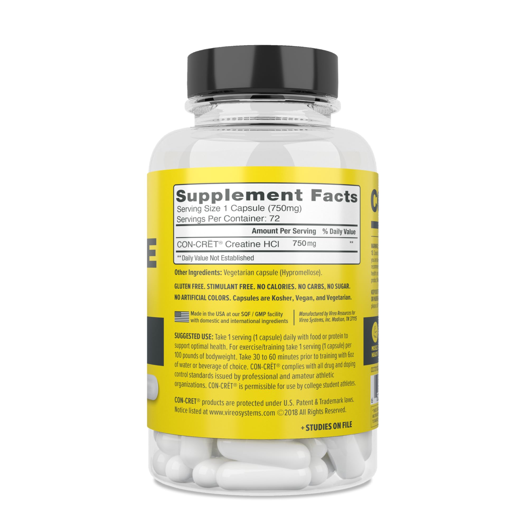 CON-CRET Creatine HCl Capsules | Muscle, Cognitive, Cellular Energy Support | No Bloating or Cramps | USA Made & NSF Certified | Creatine Pills (72ct)