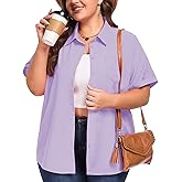 ForHailey Women's Plus Size Top Button Down Shirts for Women Cuffed Sleeve Blouses Summer Causal Tops Short Sleeve Beach Shirts Purple X-Large