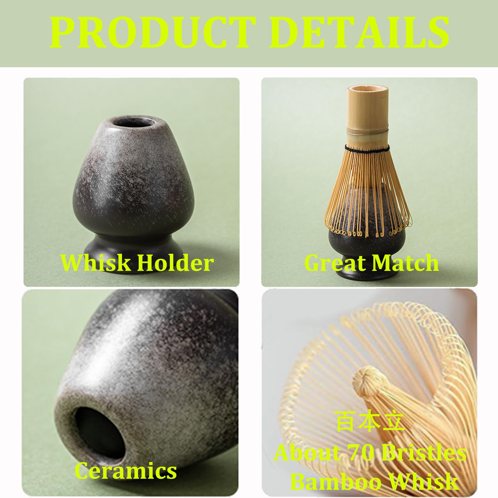 ​​Japanese Matcha Set 7pcs - Ceramic Bowl & Hyaku Hon Tachi Bamboo Whisk (Chasen), Chashaku Spoon, Strainer, Cloth - Traditional Tea Ceremony Kit​