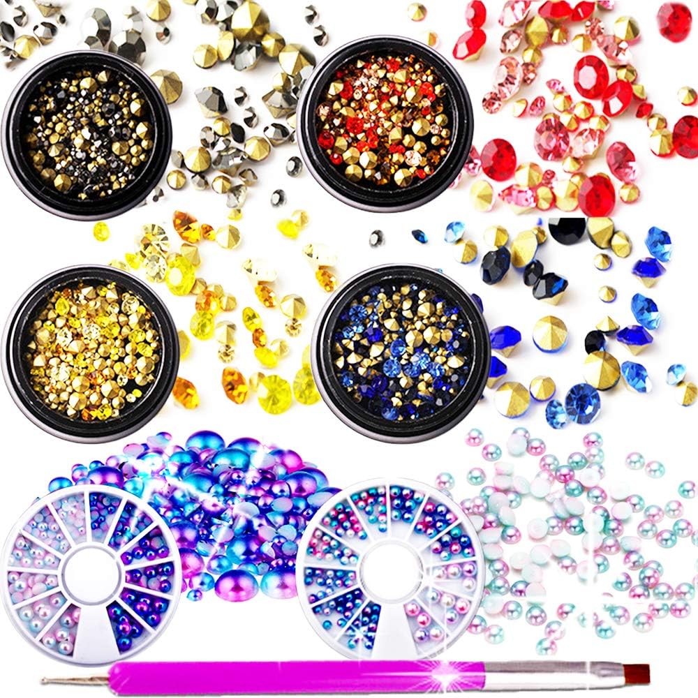 Nail Crystals 6 Wheels AB Nail Art Rhinestones Round Beads Flatback Glass Charms Gems Stones Decals Women 3D Crystal Glitter Rhinestones Black Blue Gold Red 2 Pearls 1 Rhinestones Picking Tool