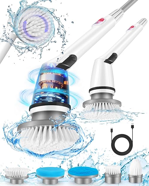 Auqatur Electric Spin Scrubber, Power Scrubber with Adjustable Extendable Arm & 5 Replacement Brush Heads, USB Rechargeable Cleaning Brush for Bathroom, Bathtub, Kitchen, Tile & Floor Scrubbing
