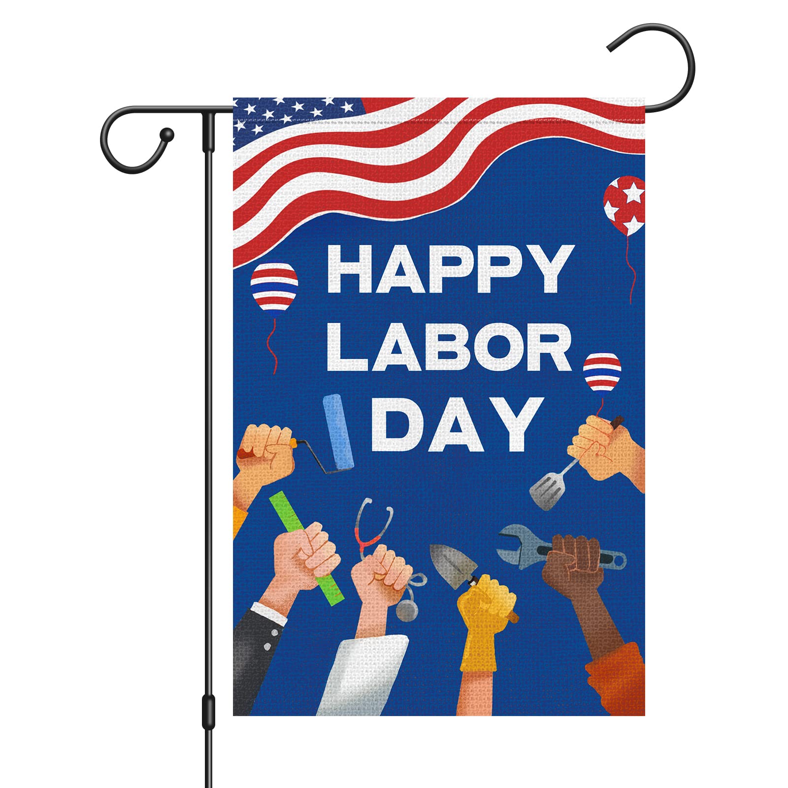 Photo 1 of Happy Labor Day Garden Flag Working Tools Patriotic USA Flags 12 x 18 Double Sided Burlap Banner for Outdoor Outside Garden Farmhouse Celebrate Labor Day Decoration (ONLY FLAG)