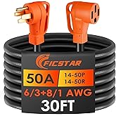 Ficstar 30FT 50 Amp RV Extension Cord Outdoor with Grip Handle, 125/250V, 12500W, 4 Prong, Heavy Duty 6/3+8/1 Gauge STW, NEMA