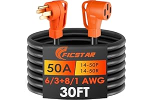 Ficstar 30FT 50 Amp RV Extension Cord Outdoor with Grip Handle, 125/250V, 12500W, 4 Prong, Heavy Duty 6/3+8/1 Gauge STW, NEMA 14-50P to 14-50R with Cord Organizer, ETL Listed