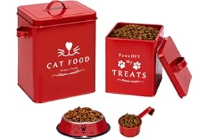 Meraki Home Farmhouse Cat Food and Treats Containers + Feed Scoop + Pet Food Bowl - Tight Lids - Large Metal Storage Bin - Great Gift for Cute Pets (Glossy Red)