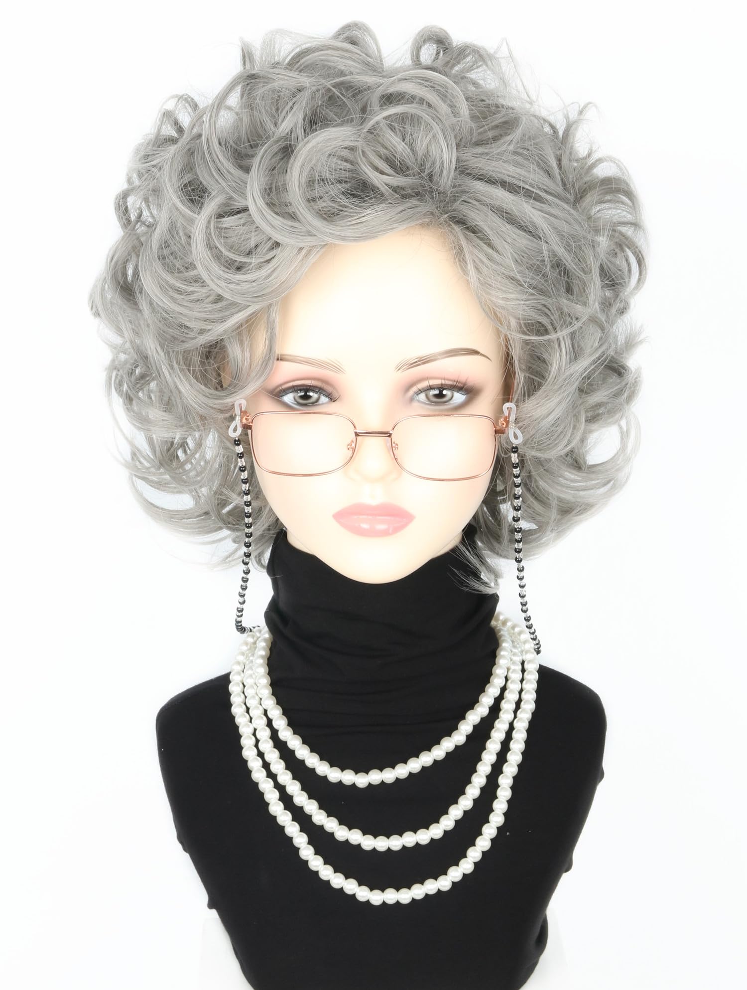 LeMarnia 5Piece Old Lady Costume Wig Silver Grey Short Curly Grandma Wig set for Cosplay Party Halloween — image 1