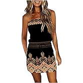 Summer Dress for Women Strapless Beach Cover Ups Boho Sundress Mini Dress Drawstring Waist with Pockets